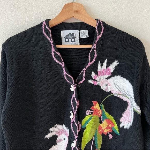 Vintage 90s Artsy Embroidered Cockatoos Funky Grandma Cardigan Sweater SZ Small - Picture 2 of 14